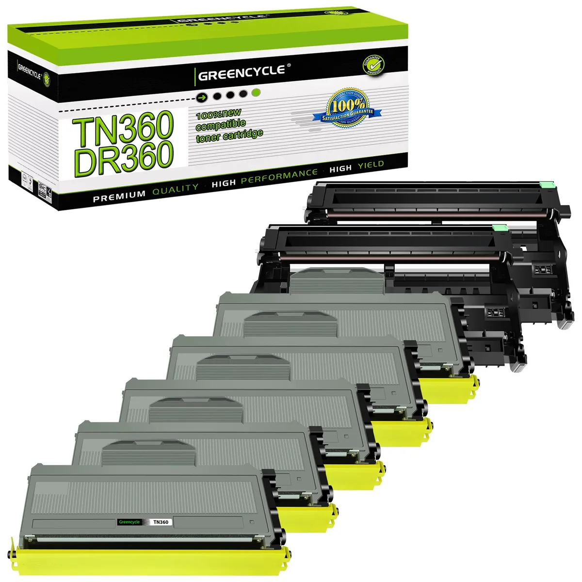 Five black toner cartridges and two drum units in white boxes