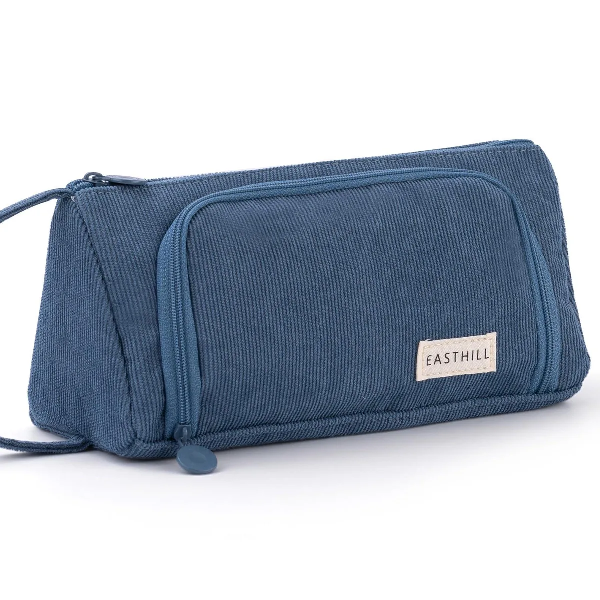 Blue corduroy pencil case with top and side openings, hand strap, front window pocket, zip closure
