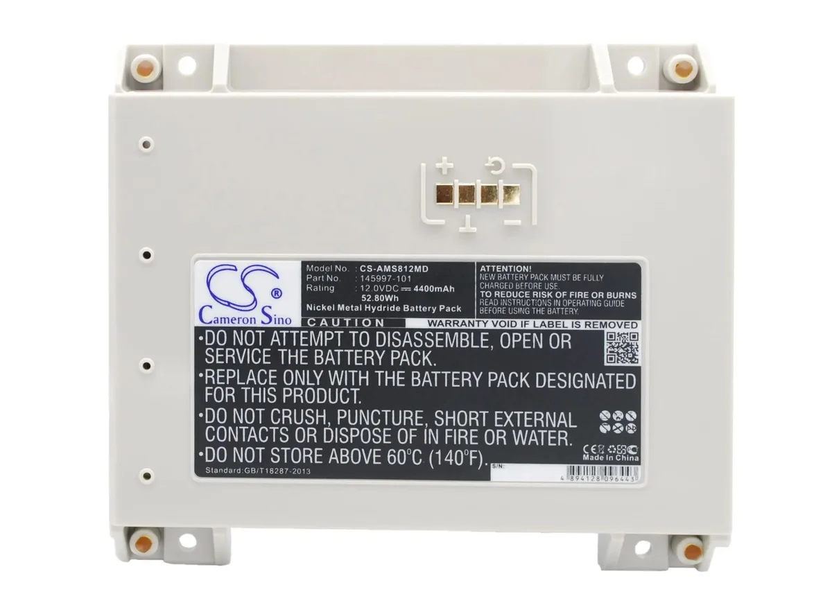 Rectangular replacement battery pack with black plastic casing and connector terminals