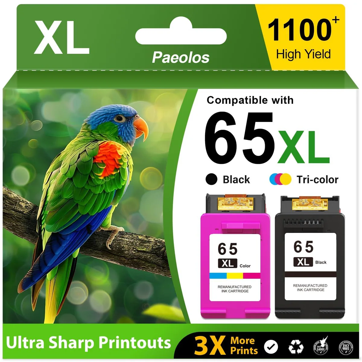 Two rectangular ink cartridges in black and tri-colour packaging