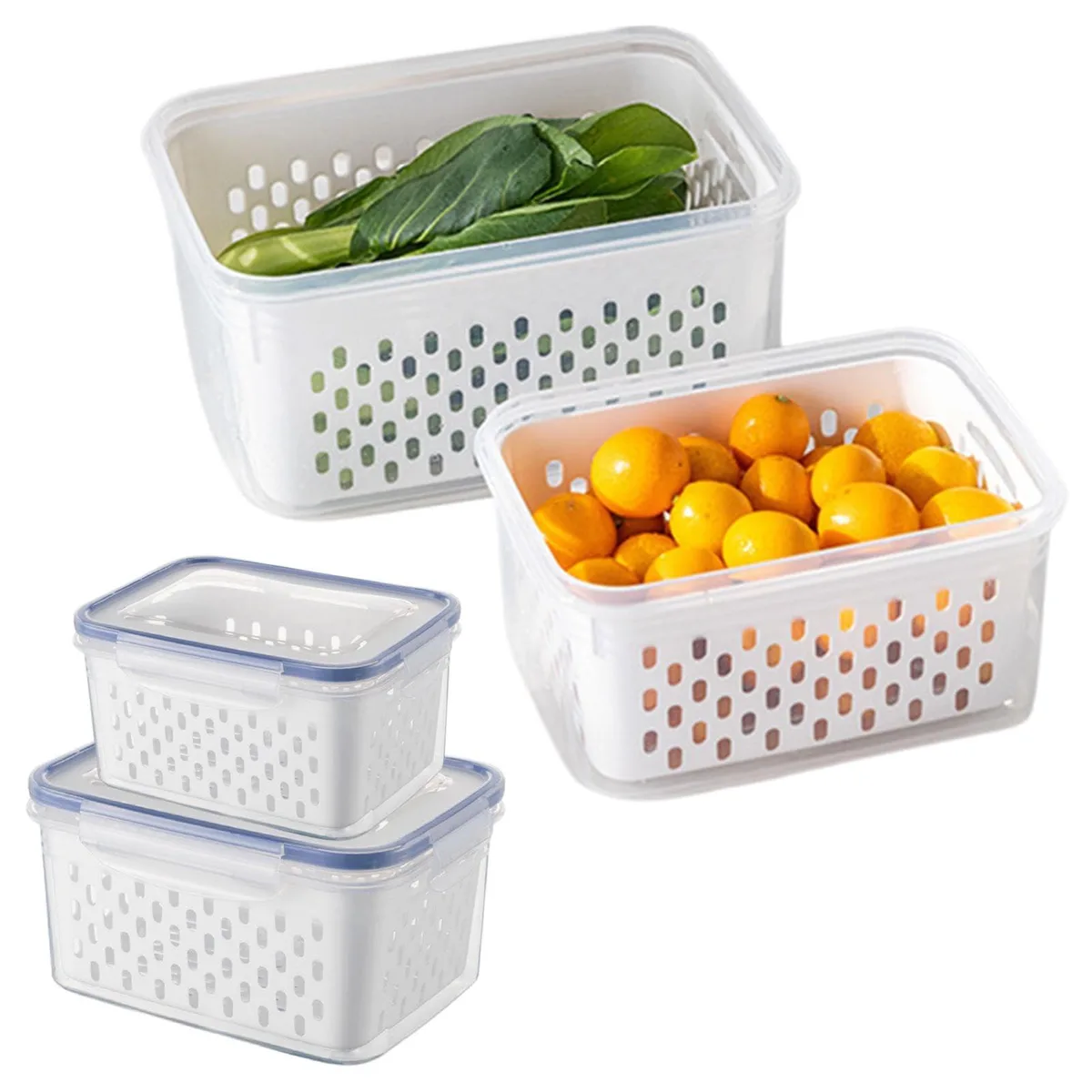 Two red plastic food containers with removable colander baskets, sizes 28.5oz and 59oz