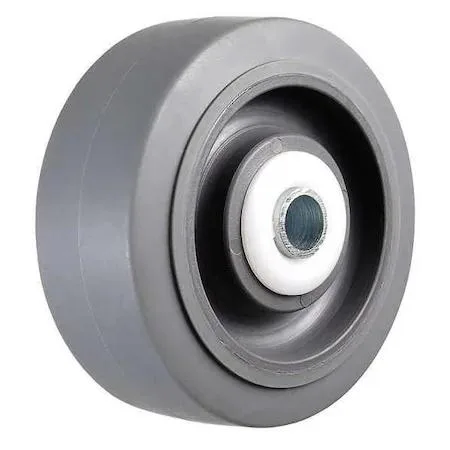 Black rubber caster wheel with plastic core, 8 inch diameter, 2 inch wide, roller bearing hub, spanner bushing included