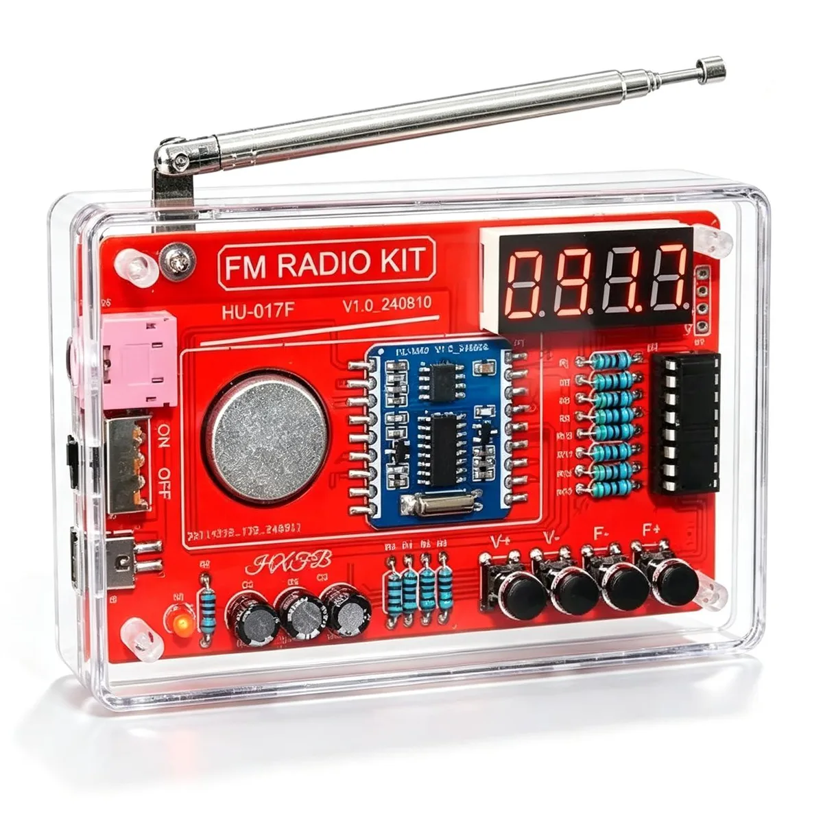 Green printed circuit board with electronic components and a small speaker, FM radio kit 87-108MHz