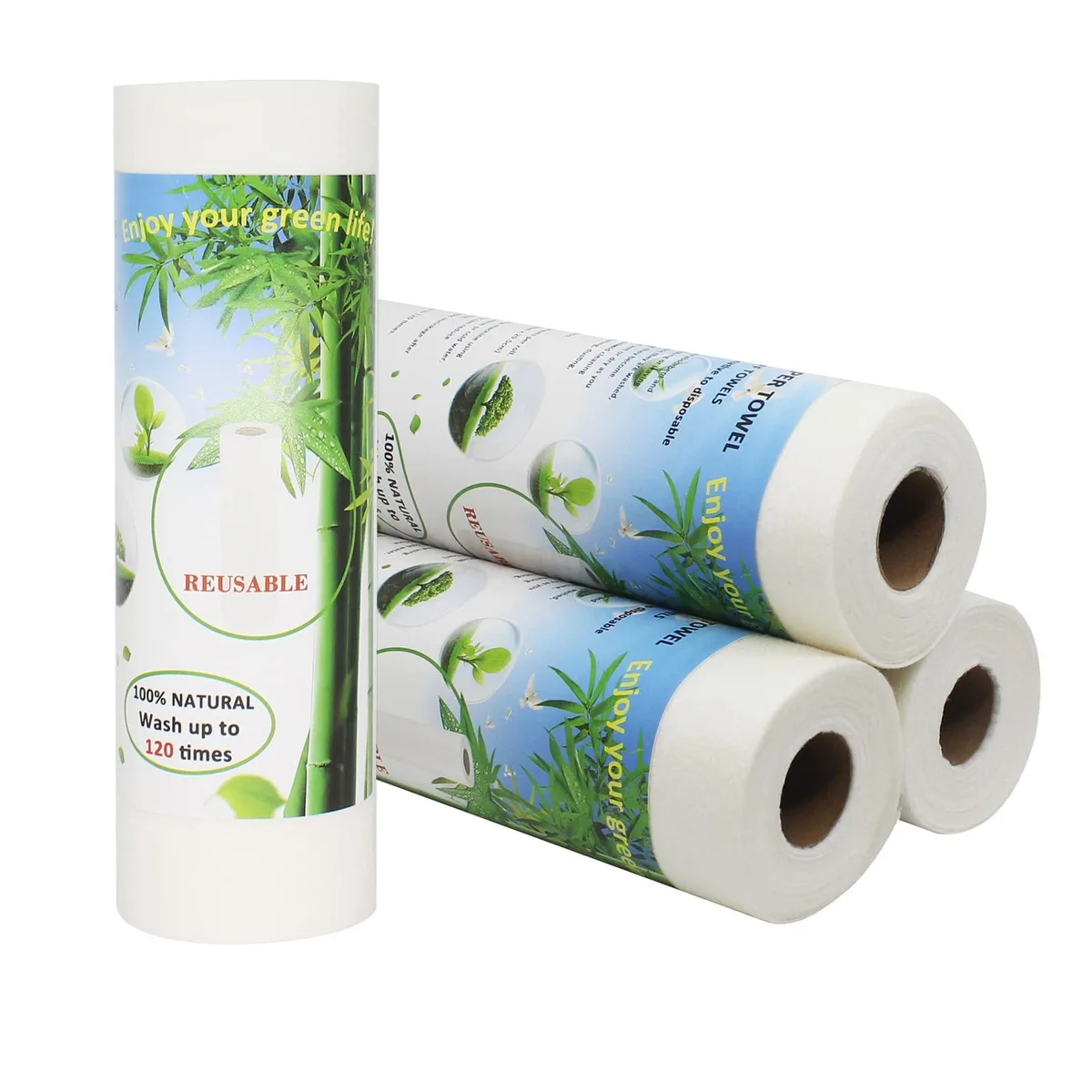 Four rolls of perforated bamboo-fibre towels on a roll, 11x12 inches, white sheets with green accents