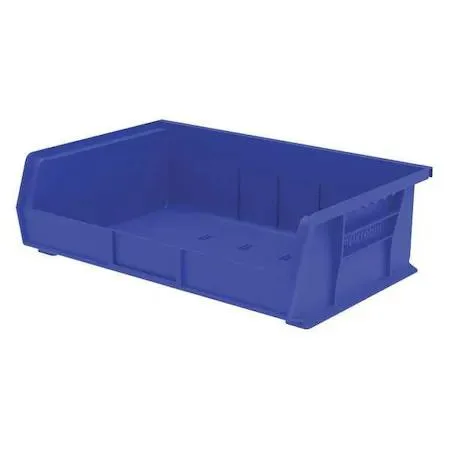 Blue plastic storage bin with molded label slots and divider channels