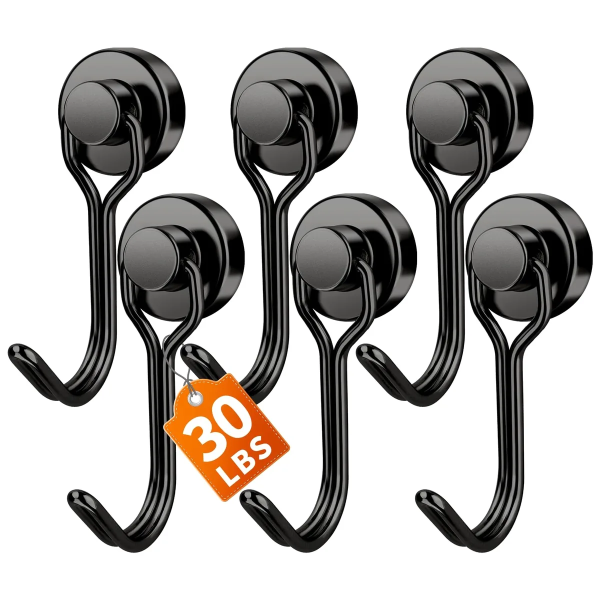 Six black magnetic hooks with swivel bases on a metal surface
