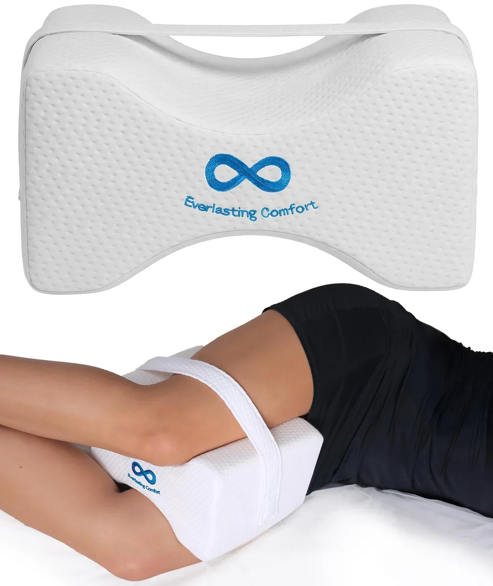 White memory foam knee pillows with removable straps, pack of ten