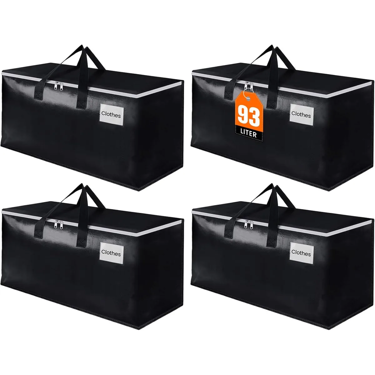 Four black nylon moving bags with zippers, handles and tag pockets, 93L each