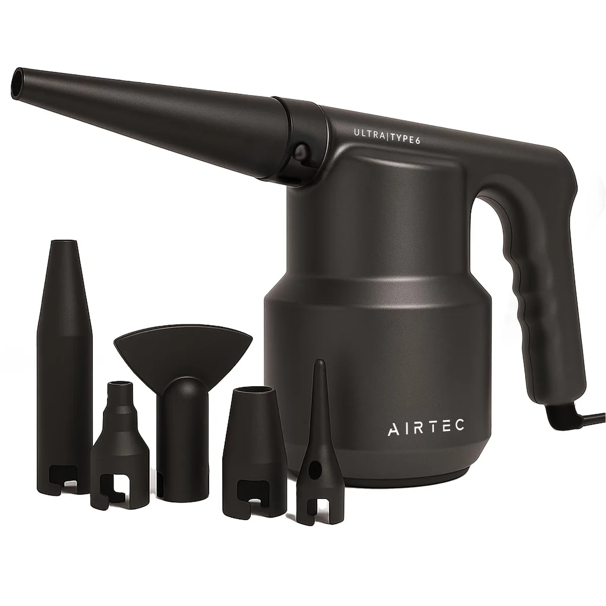 Handheld electric air duster with grey ABS body and multiple nozzle attachments