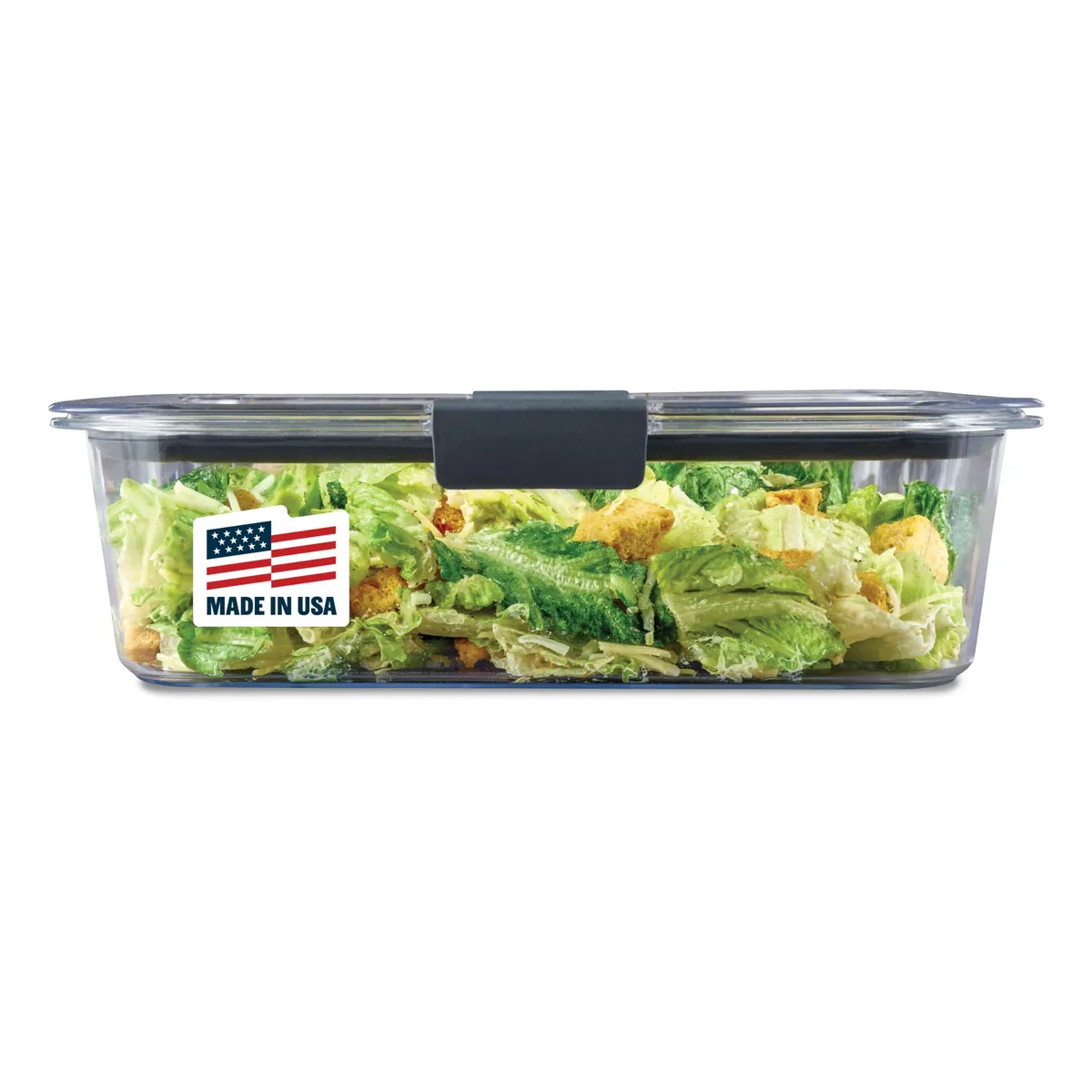 Clear rectangular plastic food container with latch lid, 11.05 x 7.6 x 3.1 inches
