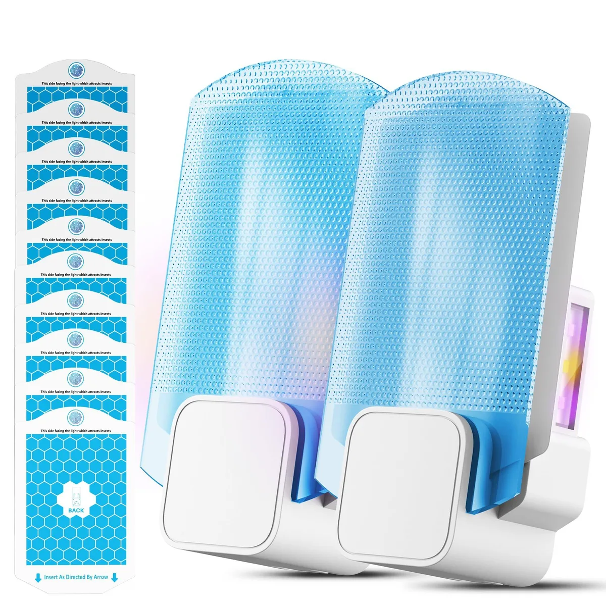Two white plug-in insect traps with 14 LED lights and sticky refill cartridges