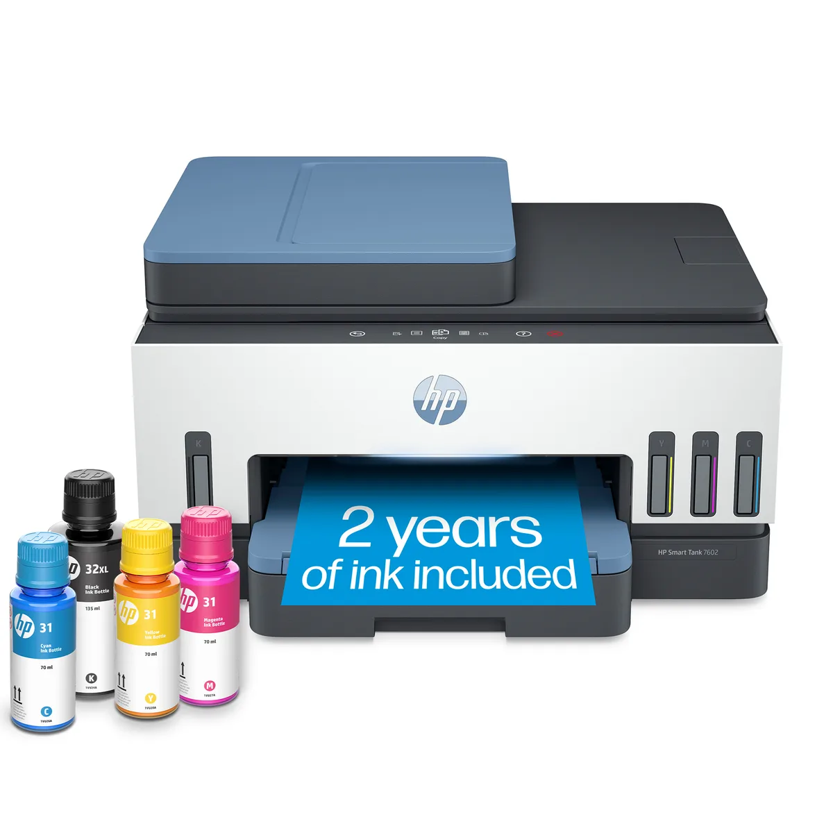 White rectangular all-in-one inkjet printer with front ink tanks and touchscreen