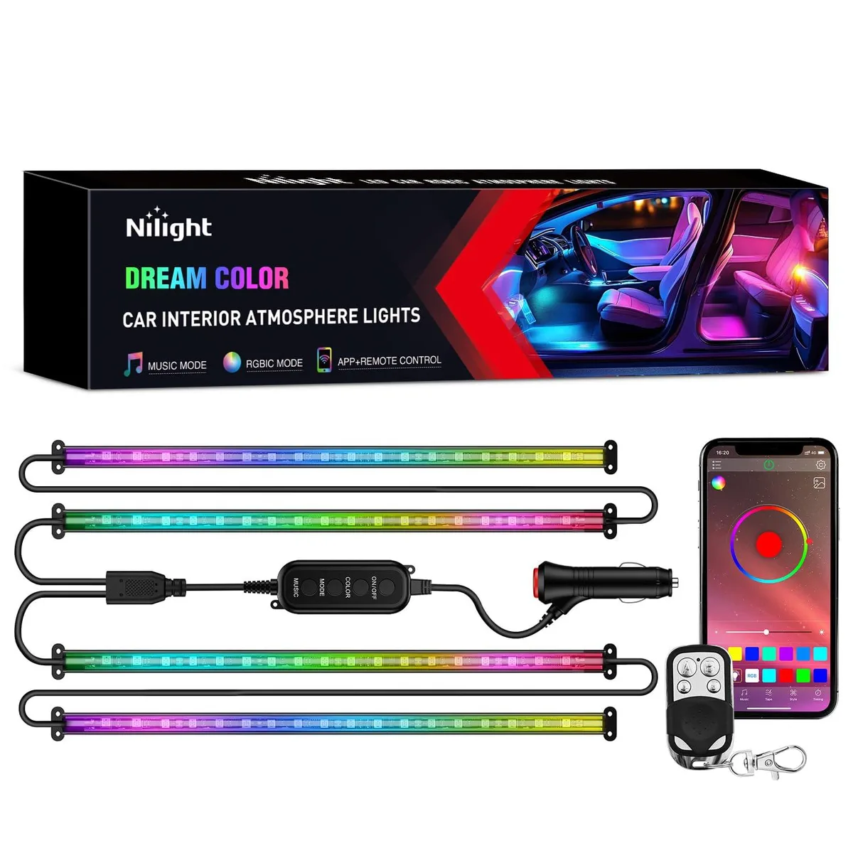  Nilight 4PCS Interior Car Strip Lights RGB-IC 12V Dream Color App Remote — product photo