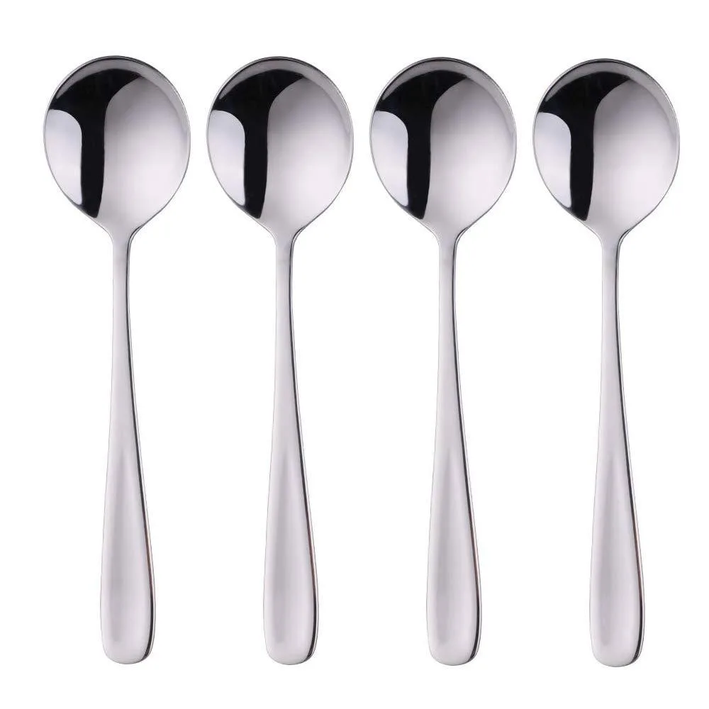 Four silver stainless steel soup spoons, 7-inch minimalist design, mirror-polished finish