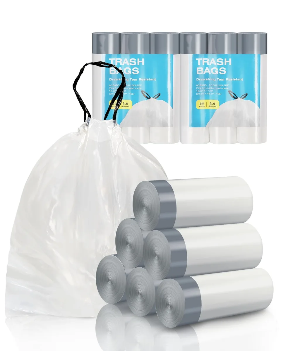 White drawstring trash bags on a roll in a pack of 120