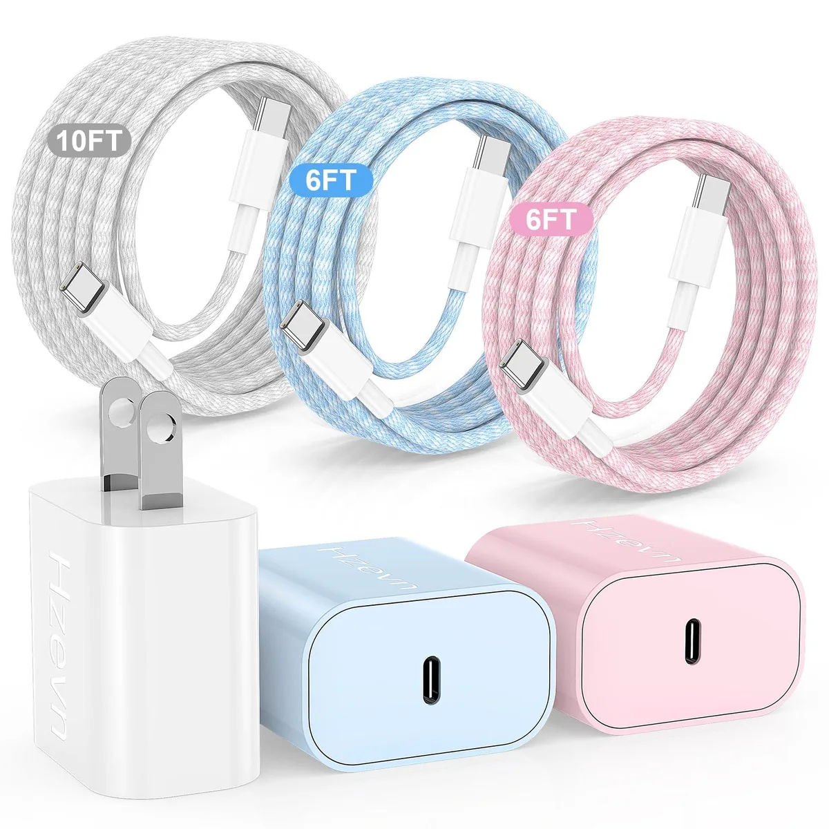 No Sew No Sew A2379 20W USB C charger 3-pack with 6/6/10ft braided cables — product photo
