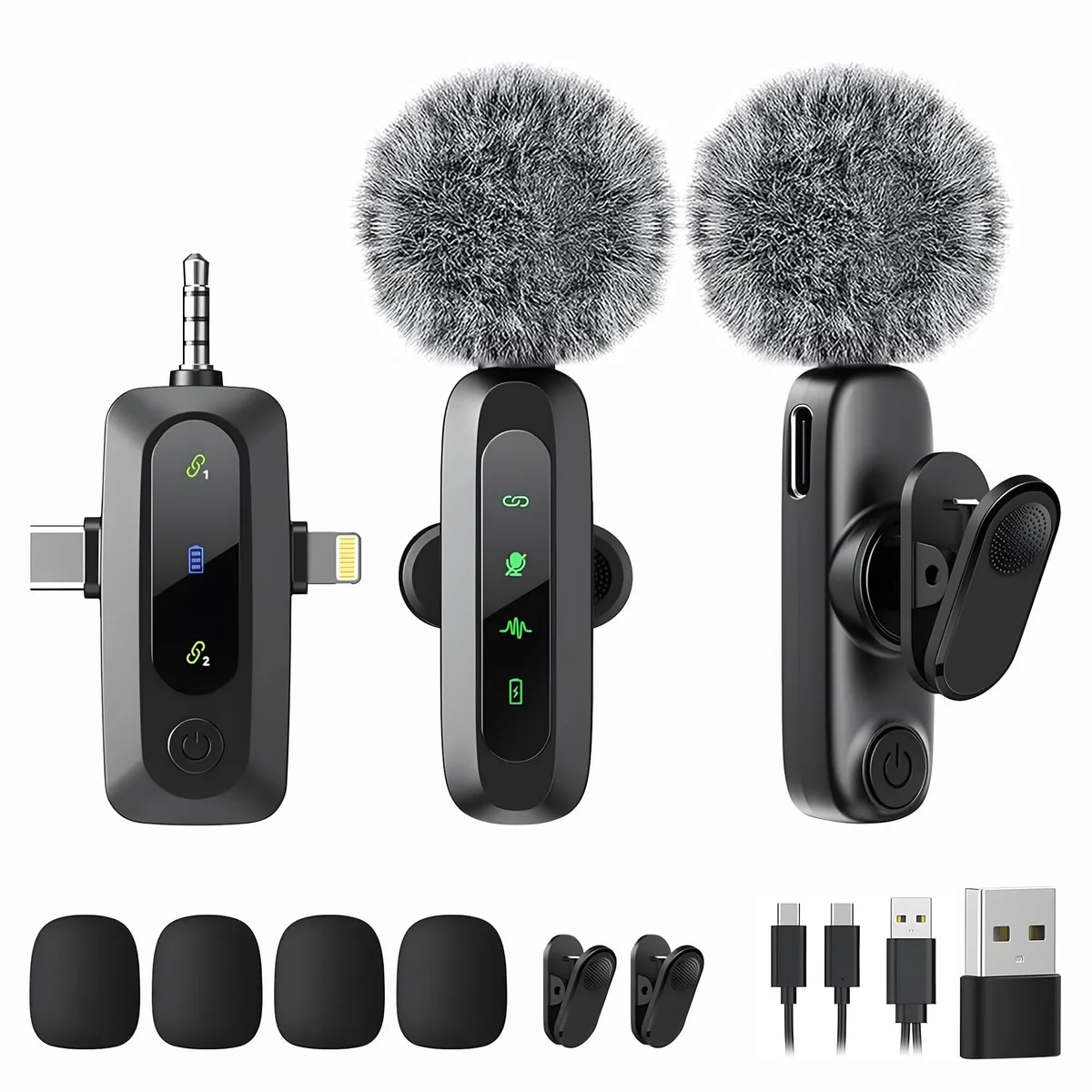 KOUQIYA MP002US Wireless Lavalier Microphone 2 Pack — product photo