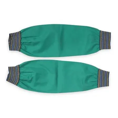 Pair of green flame-retardant cotton welding sleeves with elastic cuffs
