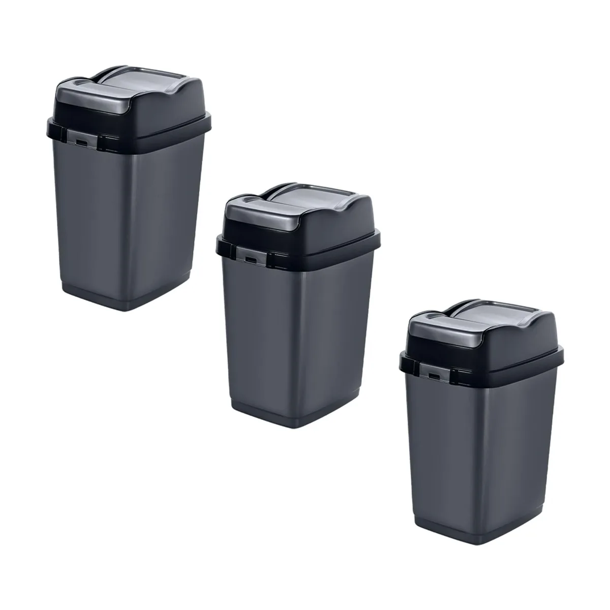 Three grey plastic swing-top bins with split lids and side handles