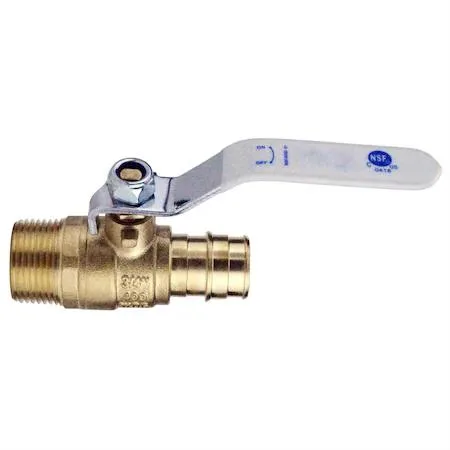 Brass ball valve with PEX barb and male pipe thread, quarter-turn lever handle