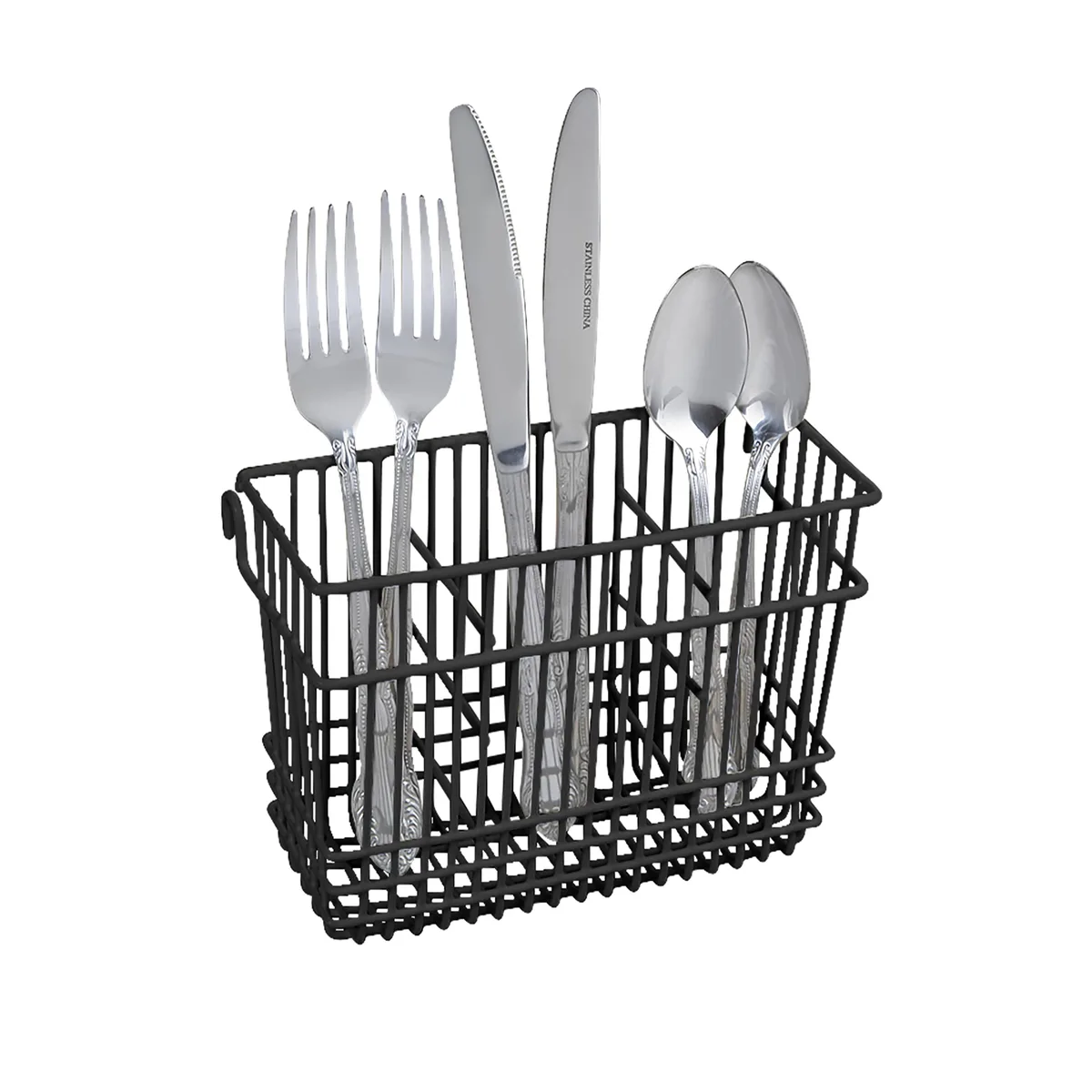 Black vinyl-coated wire cutlery basket with three compartments and hanging hooks, 34 inches long