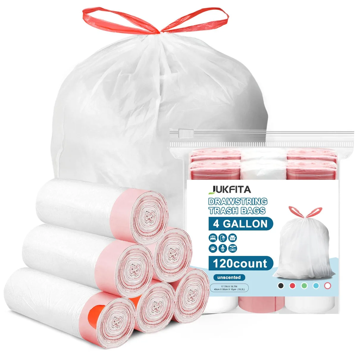  JUKFITA 120 Count 4 Gallon Drawstring Trash Bags 15L White — product photo