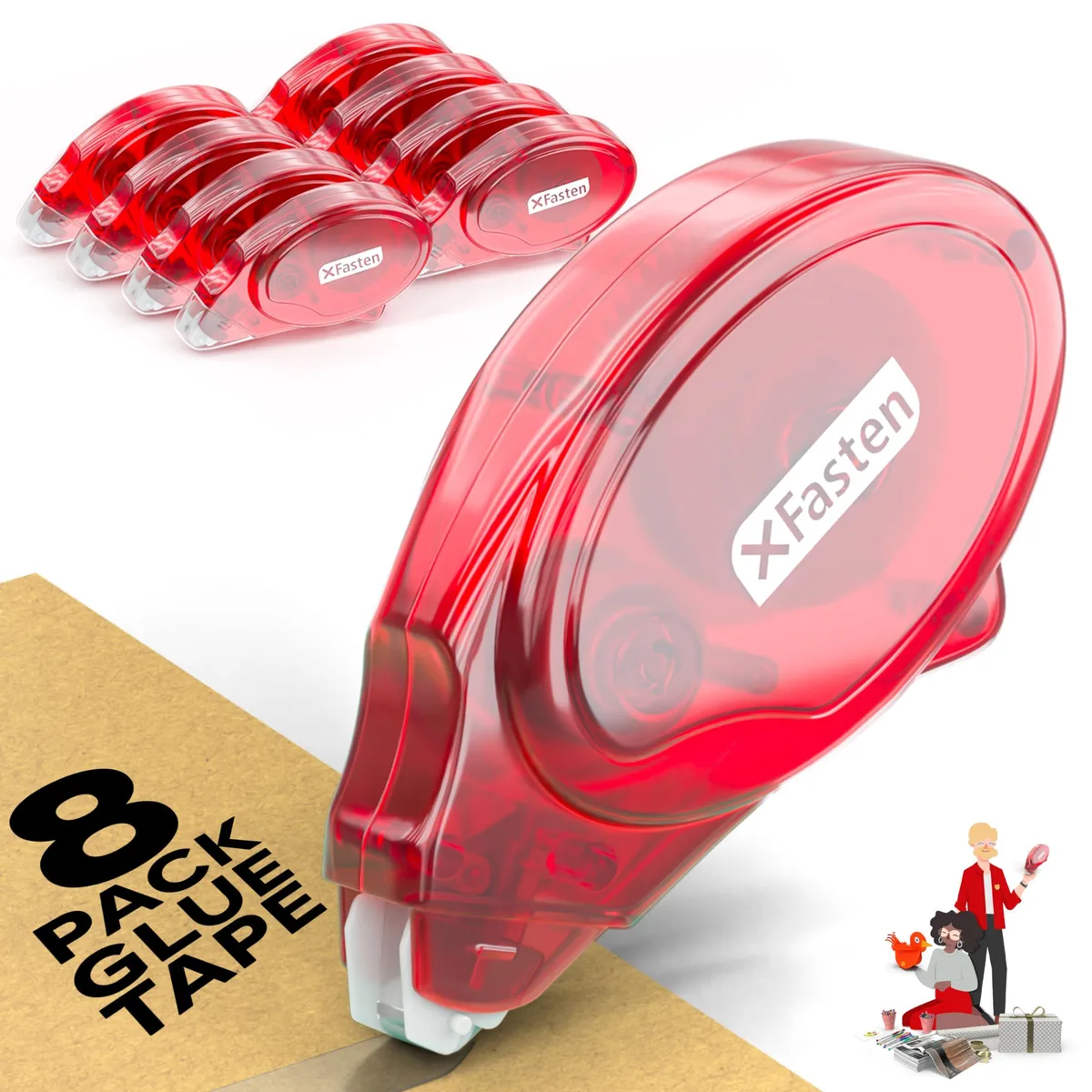 Eight adhesive rollers in a compact pack, each with a protective tip cover