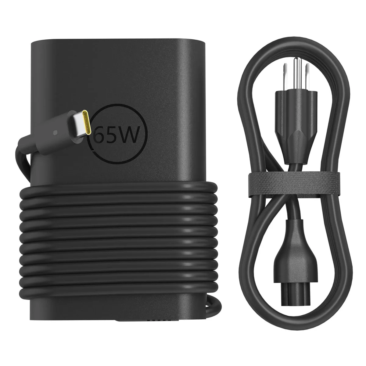 Compact black USB-C laptop charger with detachable cable