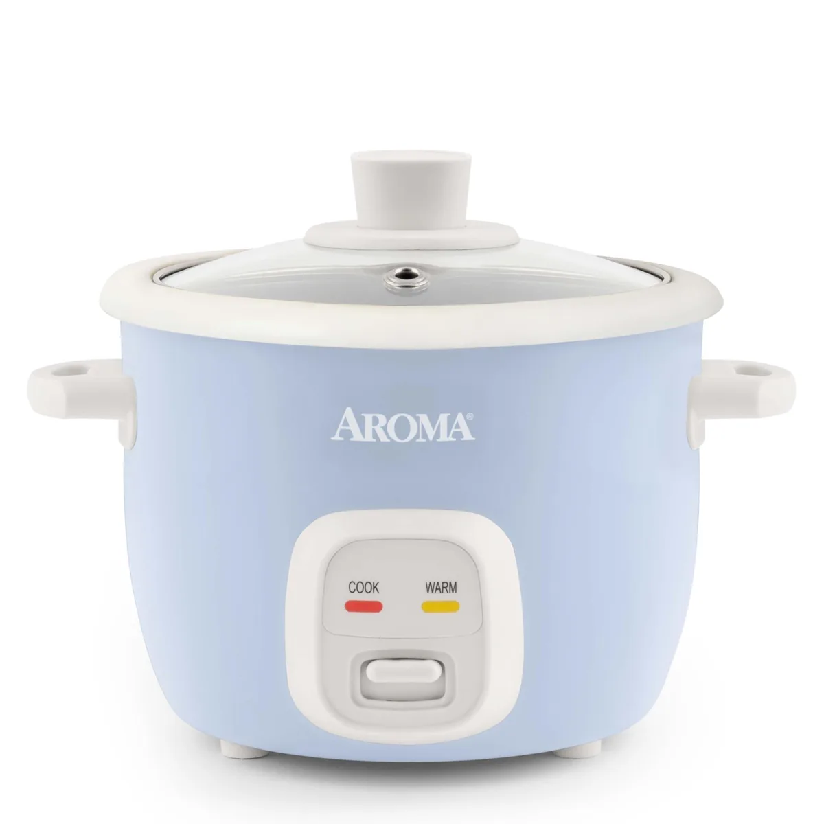 Compact blue rice cooker with glass lid on countertop