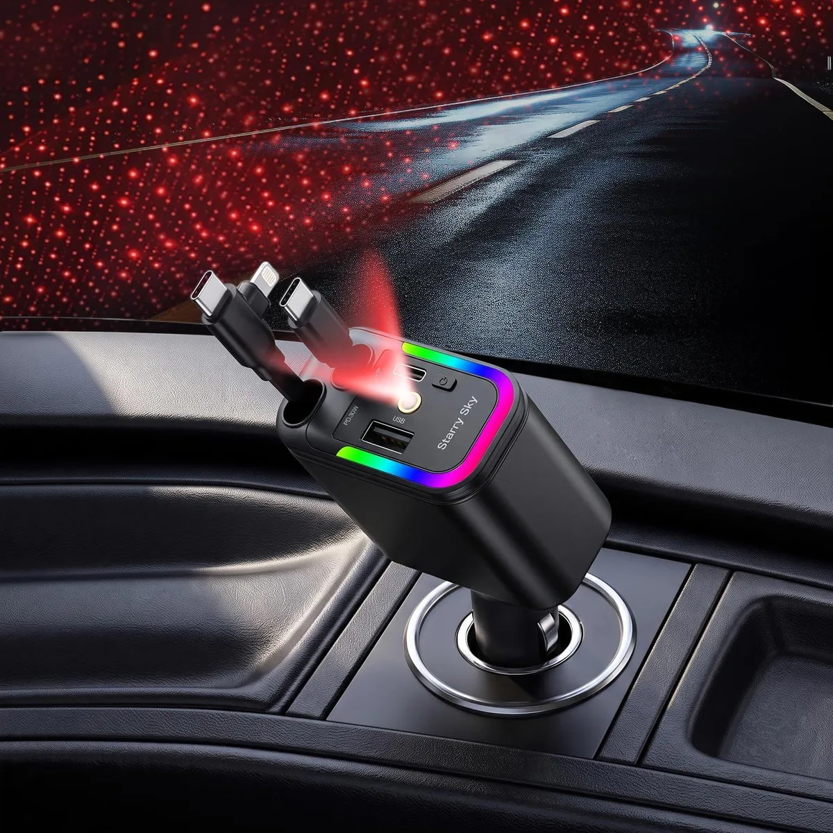 Hamzan Hamzan 5-in-1 Retractable Car Charger Starlight 120W USB-C Cable — product photo