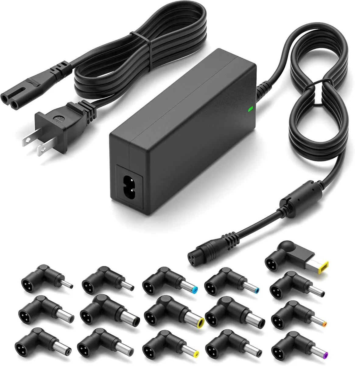 Black rectangular laptop charger with detachable cable and interchangeable tips