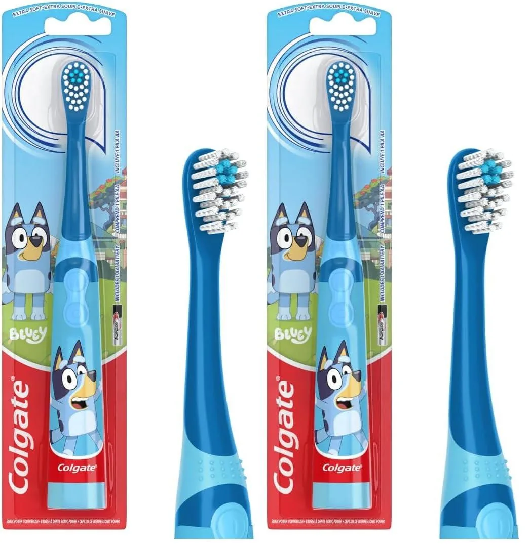 Two blue Bluey battery toothbrushes in a blister pack, flat handles, extra soft bristles