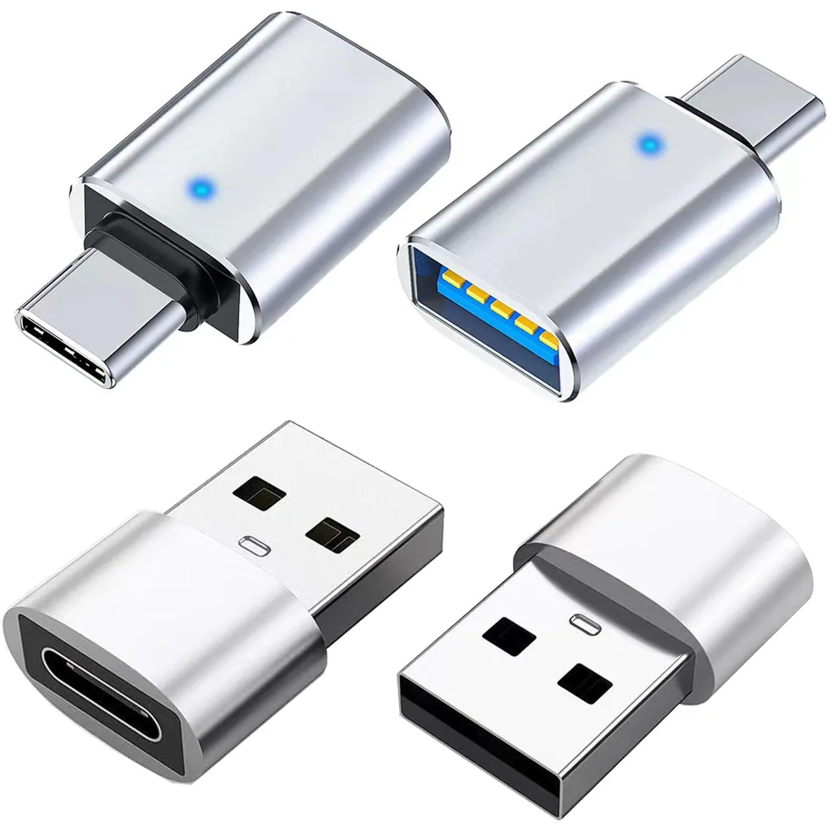 Four silver USB-C adapters: two male-to-USB-3.0-female, two male-to-USB-C-female