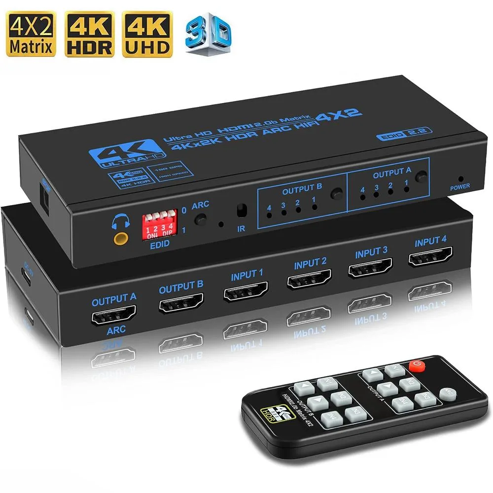 Black rectangular HDMI matrix switch with multiple ports and IR remote