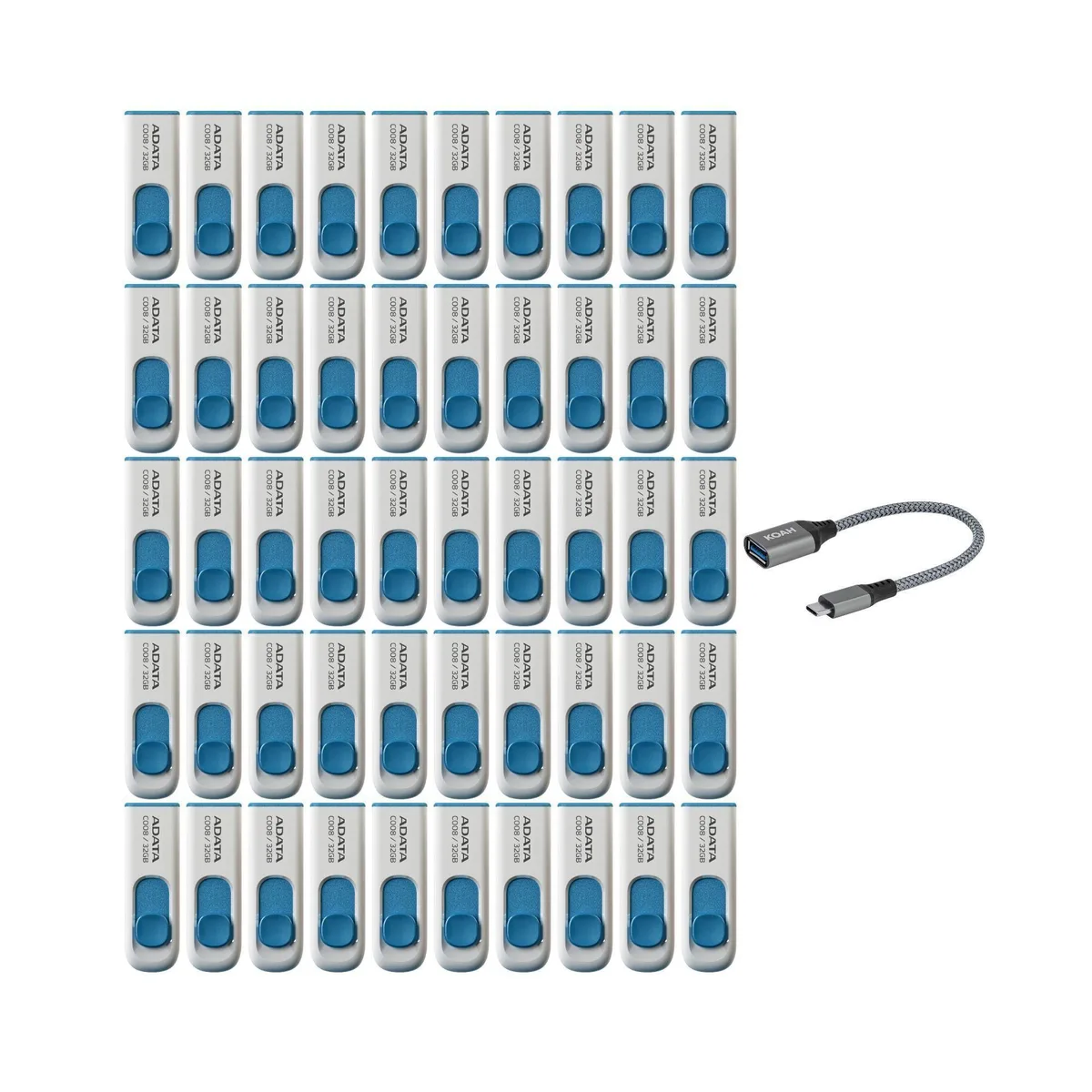 ADATA ADATA C008 32GB USB 2.0 Flash Drive White 50-pack with USB 3.0 to USB-C Adapter — product photo