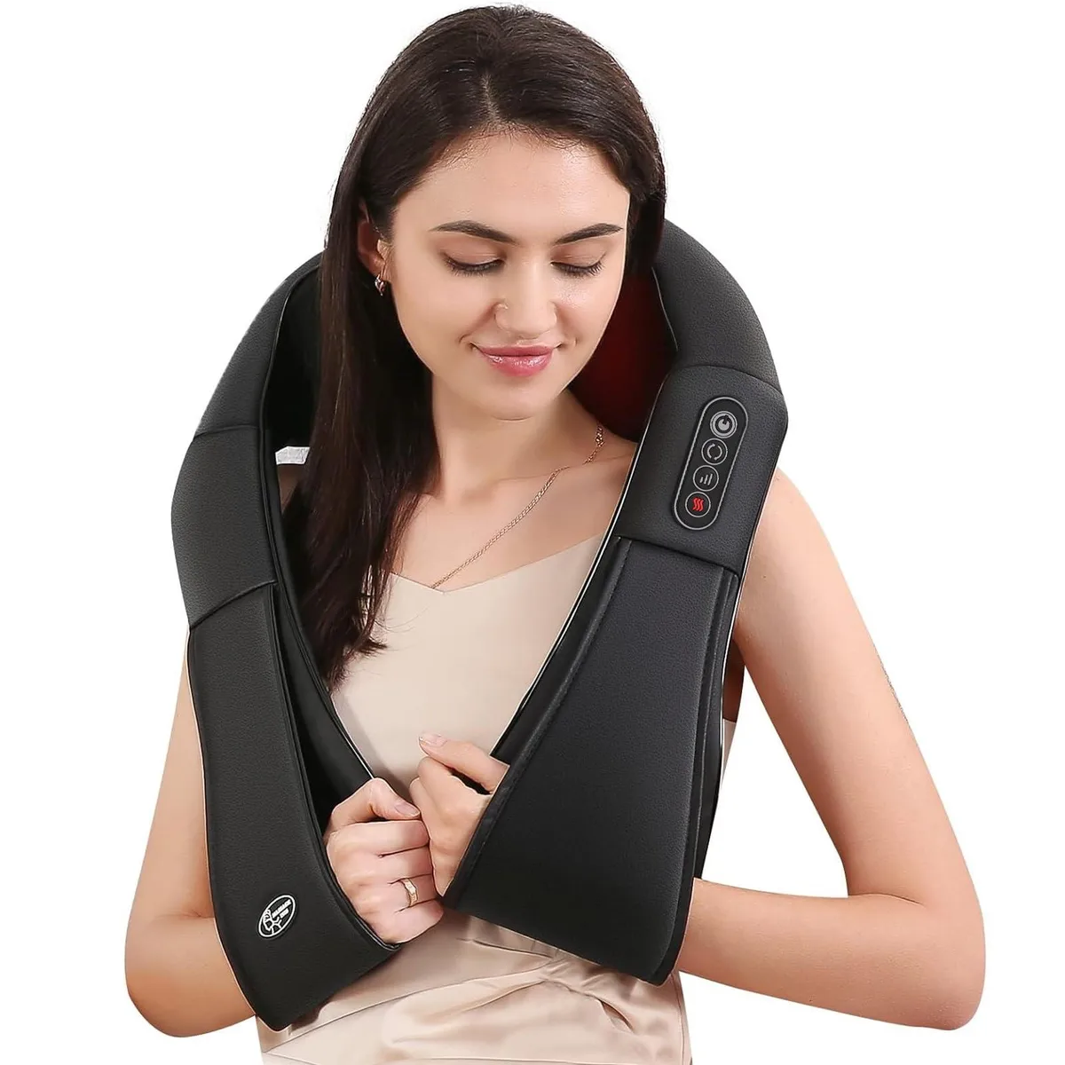 Blue U-shaped electric massager with rhombic PU leather finish and long handle straps