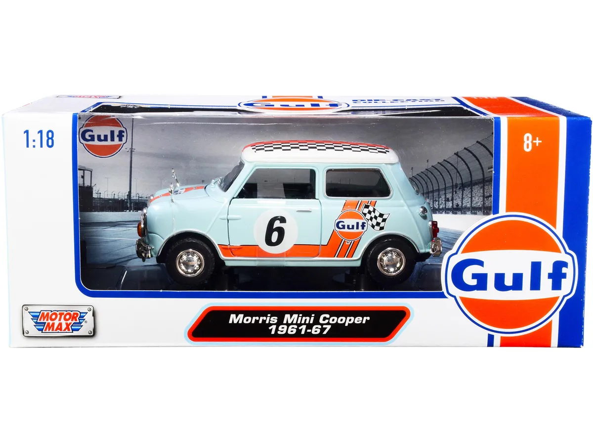 MOTORMAX MOTORMAX 1961-1967 Morris Mini Cooper RHD #6 Gulf Oil Light Blue Orange Stripes Checkered Top 1/18 Diecast Car — product photo