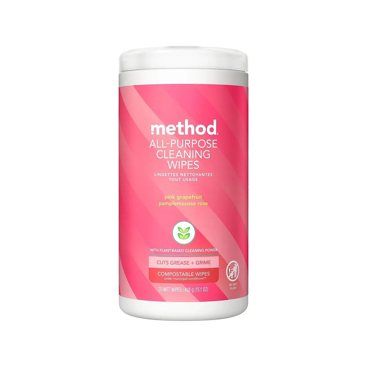 White cylindrical canister with pink label, 70 compostable all-purpose cleaning wipes inside