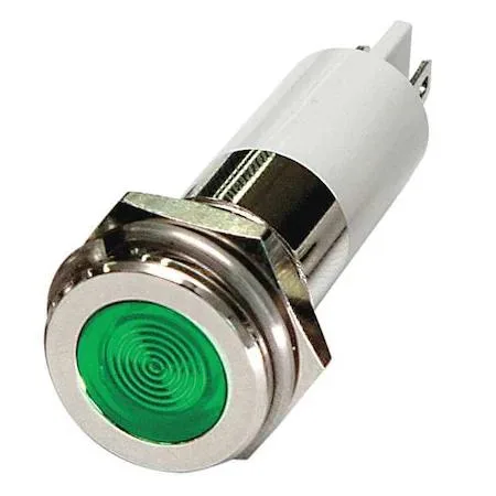 Small round green LED indicator light with chrome bezel 12mm mount
