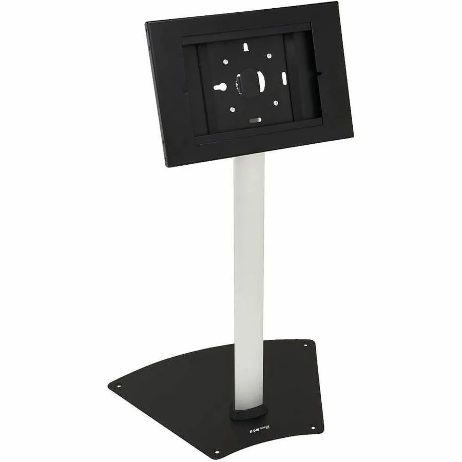 Black and silver floor stand with adjustable tablet mount and security lock
