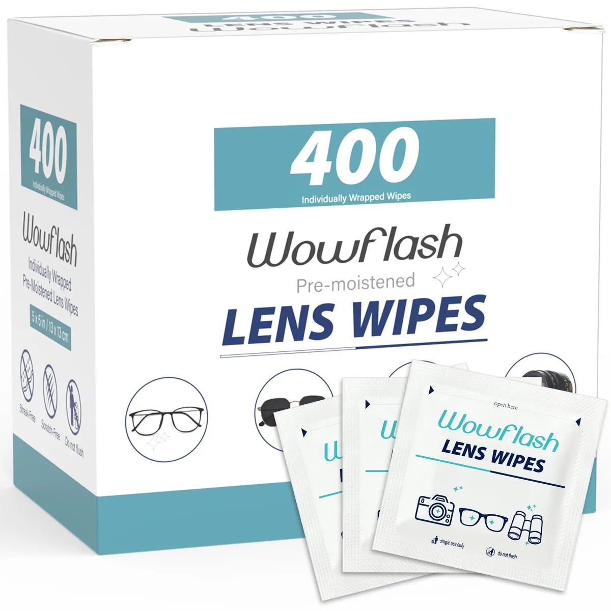 White rectangular box containing 400 individually wrapped lens wipes