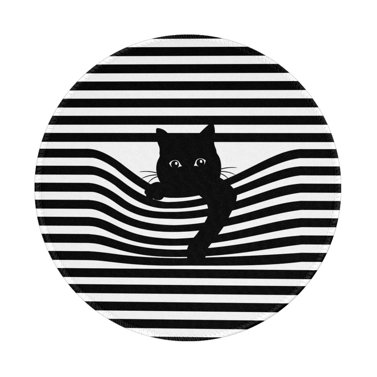 Round mouse pad with cat pattern, 7.9 inches diameter, stitched edges
