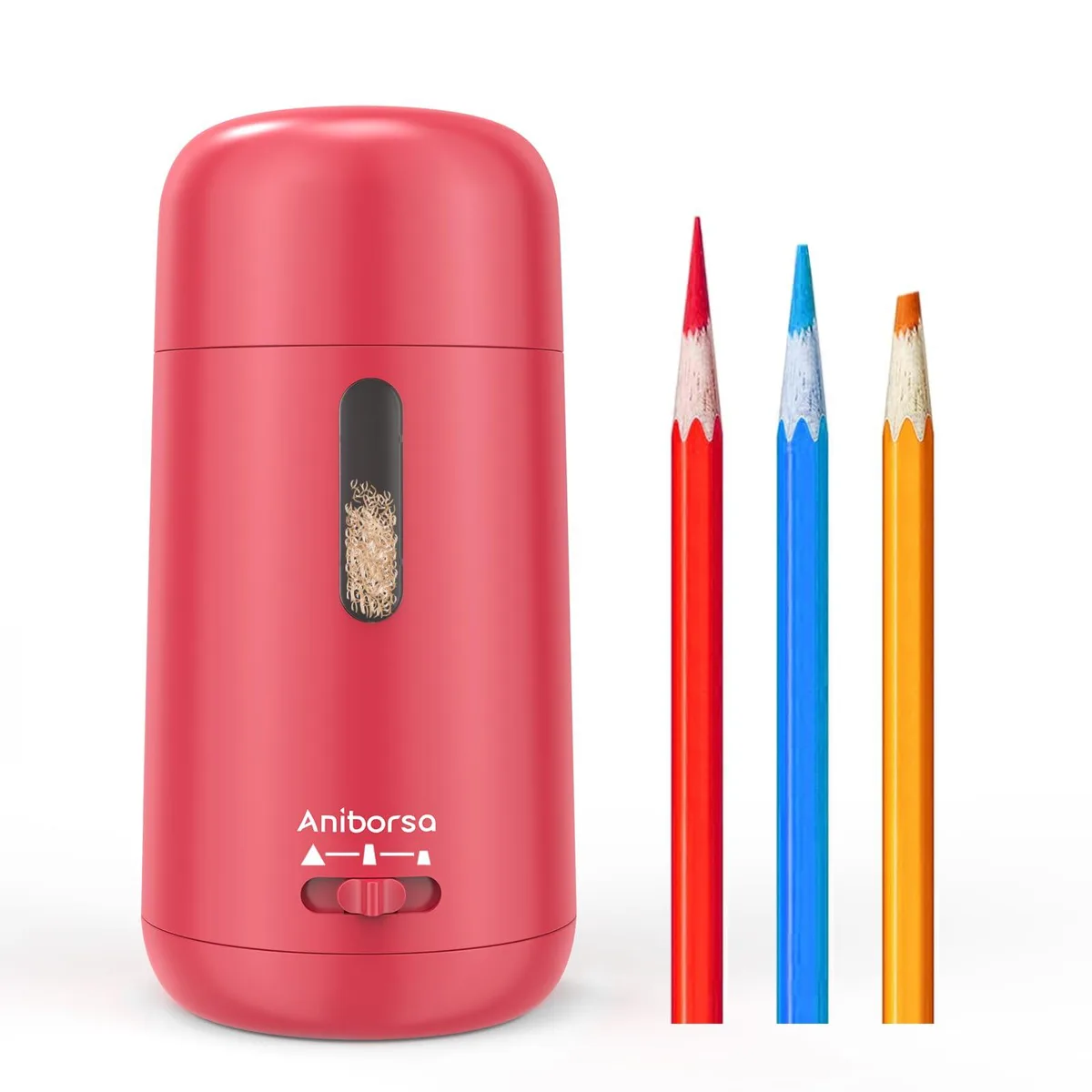 Red rechargeable electric pencil sharpener, compact rectangular shape with auto feed slot