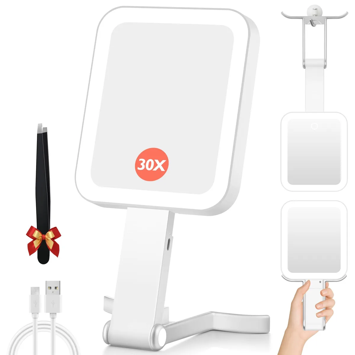 Rectangular white ABS mirror with 360° rotation and LED lights