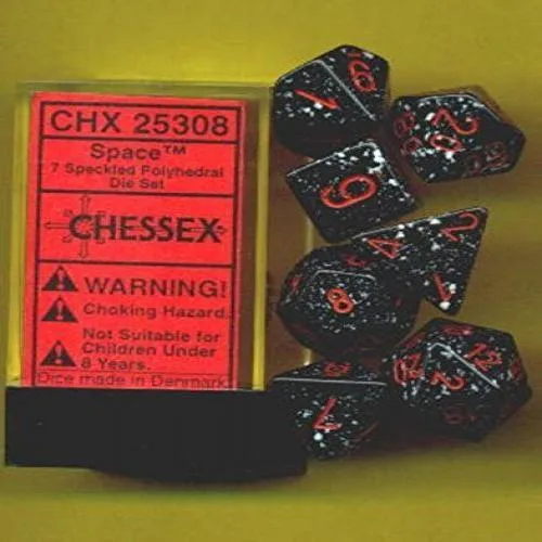 Seven speckled polyhedral dice in space colours, sharp edges, large top-read numbers