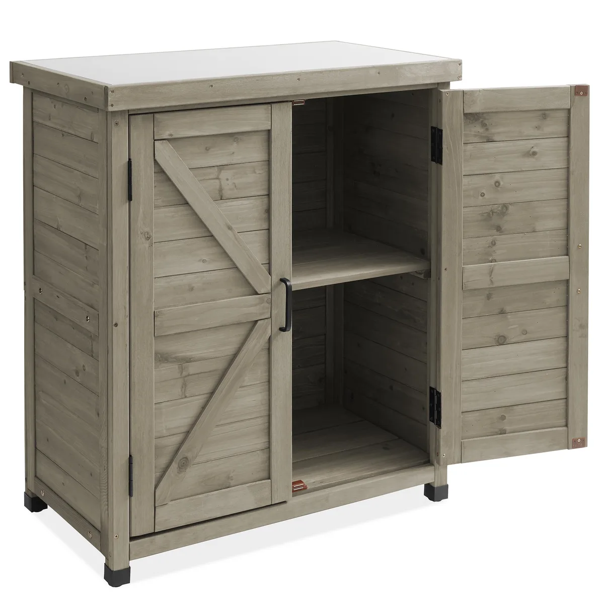 Gray wooden outdoor storage cabinet with galvanized steel top and magnetic doors
