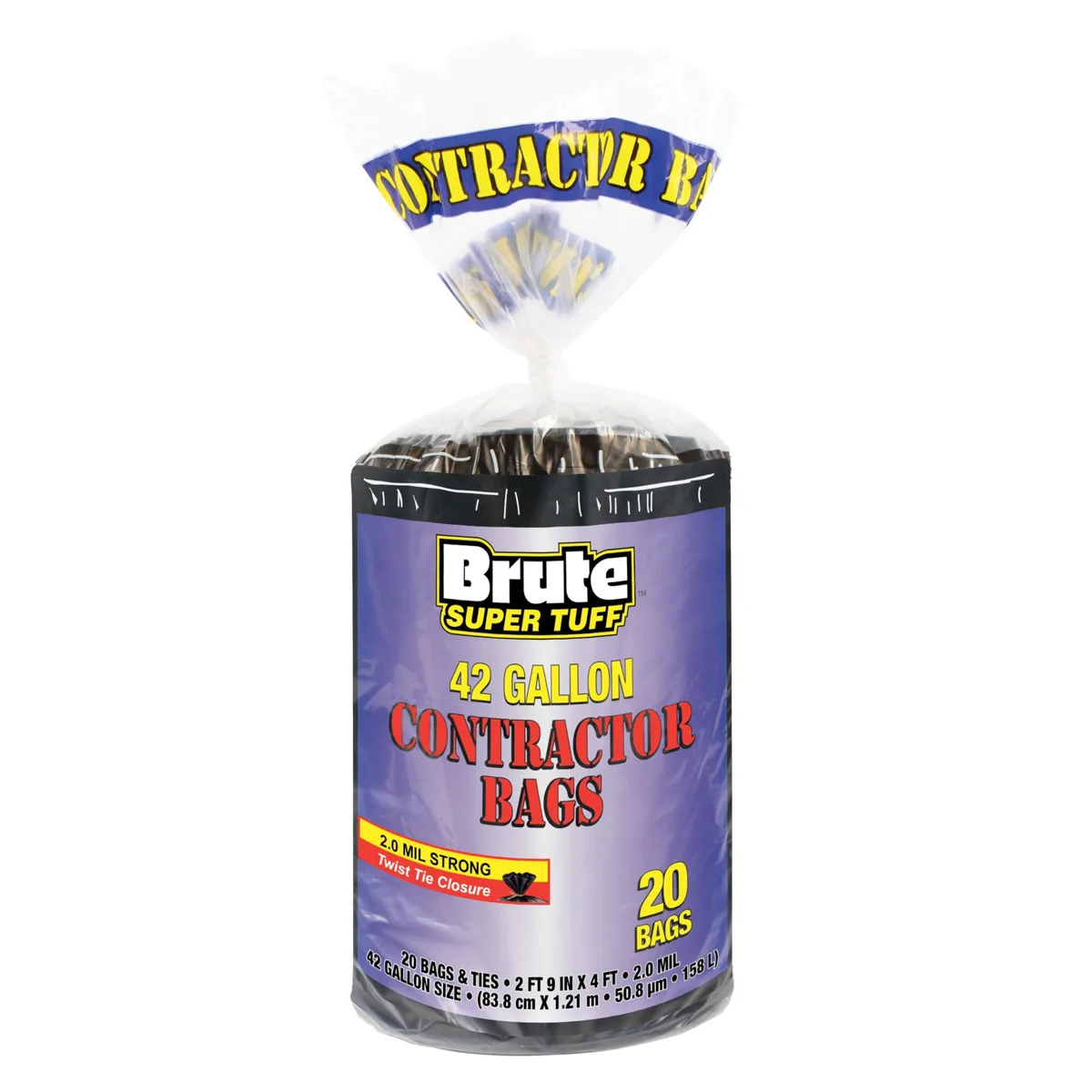 Pack of 20 black 42-gallon contractor bags, 2.0 mil PE with twist ties