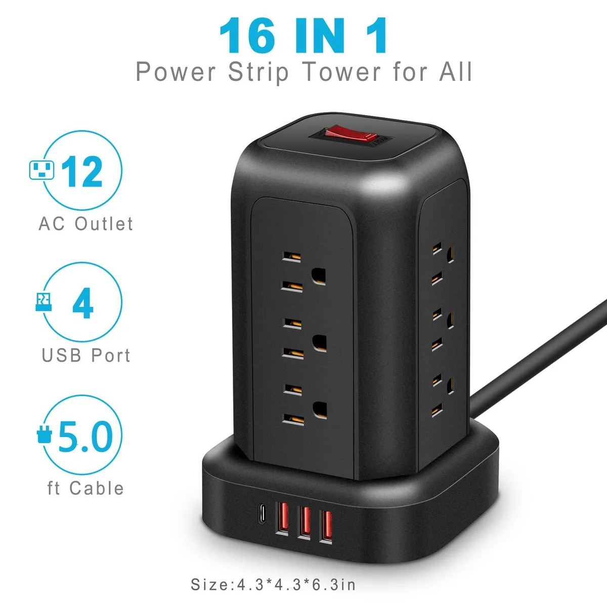 Corn Electronics Corn Electronics Power Strip Tower 12 AC 4 USB 1.5 m Black — product photo