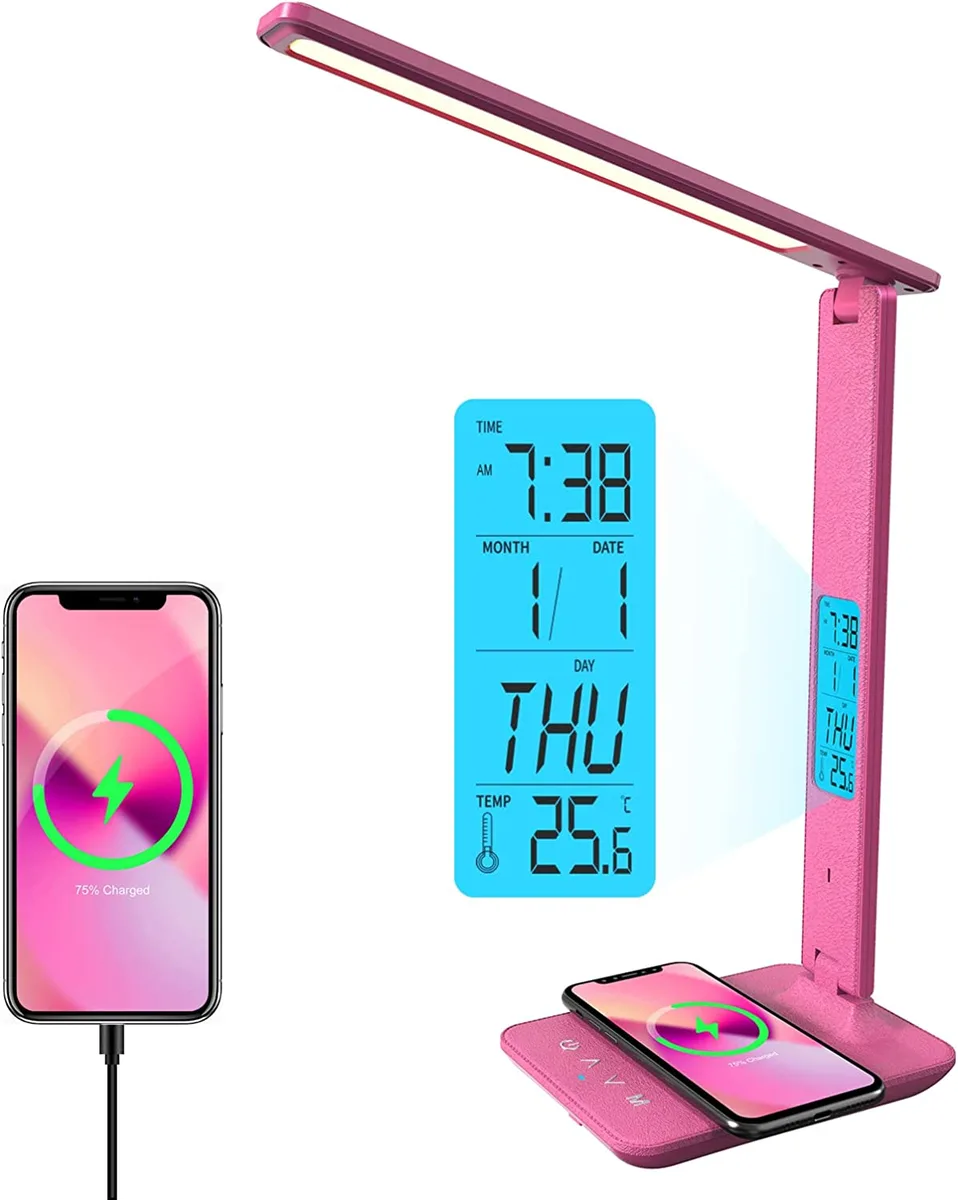 Corn Electronics Corn Electronics LED Table Lamp with Wireless Charger, USB, Clock, Alarm, Pink — product photo