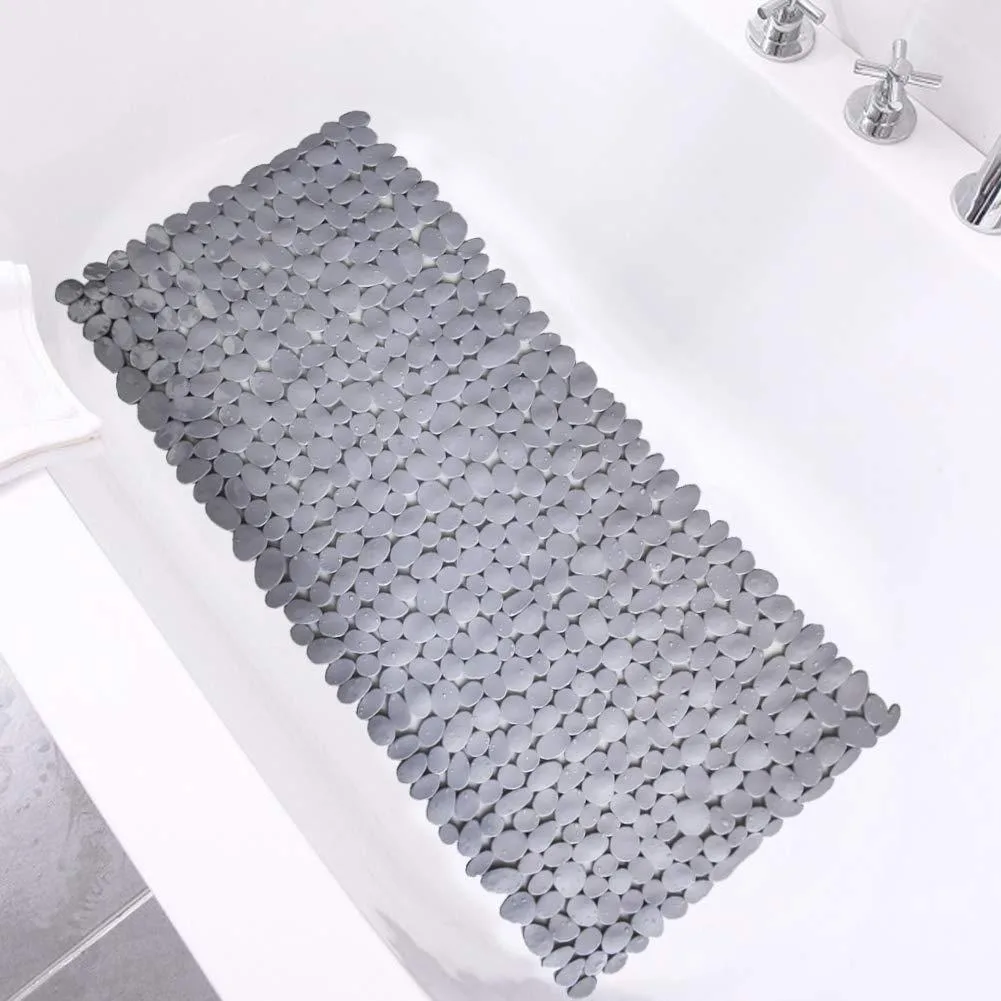 Grey PVC shower mat with pebble texture and 200 suction cups, 35 by 16 inches
